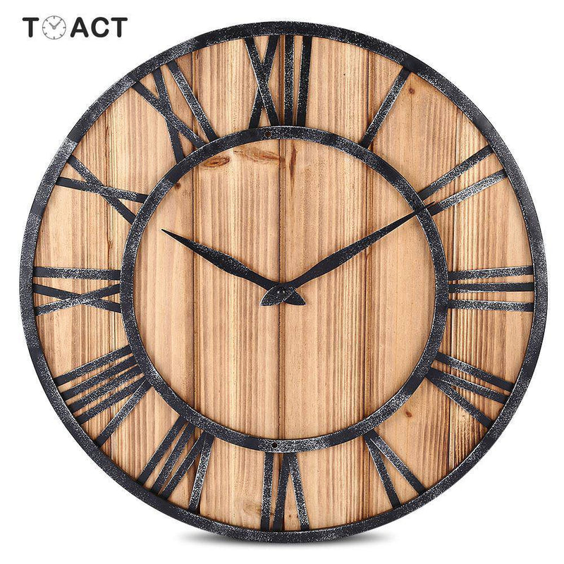 Horloge murale ronde en bois et métal avec chiffres romain style industriel 40cm